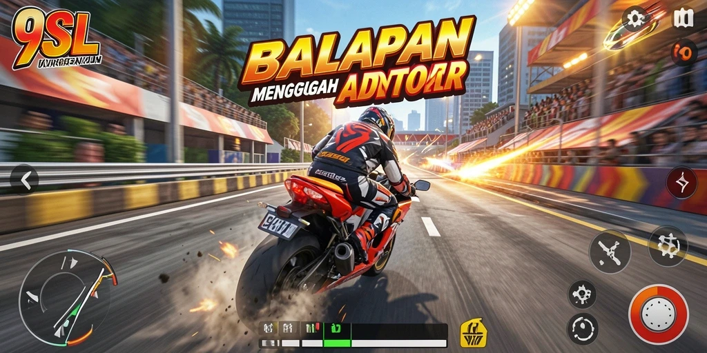 Screenshot gameplay 9SL menampilkan aksi seru balapan motor.
