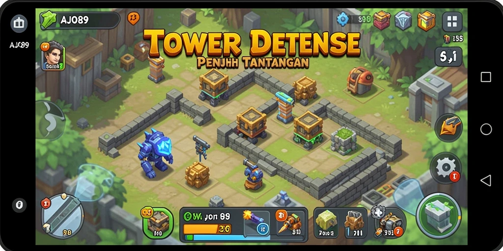 Tangkapan layar AJO89 menampilkan gameplay menara pertahanan yang intens dan strategis.
