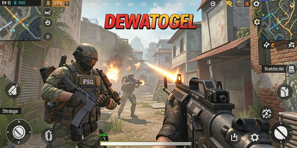 Tampilan menegangkan dari pertempuran di DEWATOGEL dengan gameplay FPS.