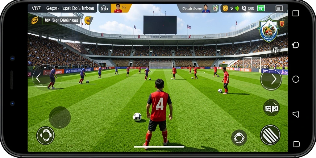 Tampilan gameplay yang menarik dalam V87, menampilkan aksi sepak bola yang mendebarkan.